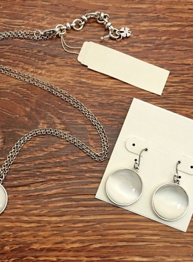 做旧银色猫眼石镶嵌双面做工森女文艺范复古VINTAGE耳环项链套装