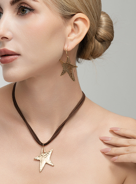 西洋欧美风磨花做旧海星五角星森女文艺范耳环项链套装
