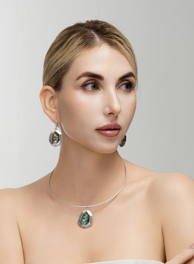 欧美风幻彩鲍贝母贝设计师腔调森女文艺术气息潮人耳环坠项圈套装