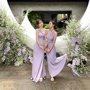 紫色伴娘服礼服2025新款 高级感缎面简约姐妹团婚礼连衣裙平时可穿