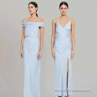 简约伴娘服女蓝色缎面高级感小众礼服裙姐妹团晚礼服名媛吊带裙夏