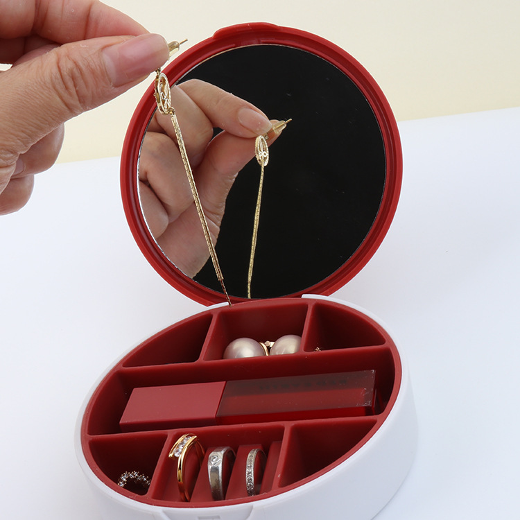 镜子圆形首饰盒旅行耳钉项链戒指饰品携带盒带内格桌面收纳盒