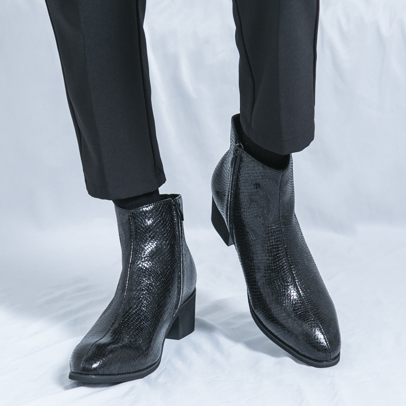 秋冬马丁靴男靴韩版靴子个性绿色蟒纹高帮男鞋尖头短靴休闲皮鞋