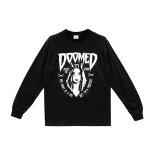 【现货】Deadly Doll 黑色DOOMED漫画女郎印花长袖T恤 男女同款