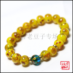 博山非遗老琉璃珠子10毫米鸡油黄老料蒲云甩彩凤眼图腾琉璃珠手串