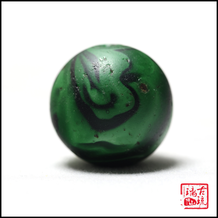 藏品清代早期老琉璃珠子23毫米传世满花鬼脸搅胎乱纹手工琉璃顶珠