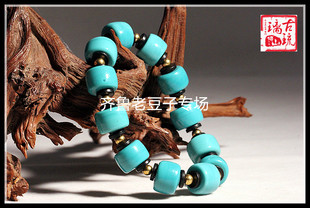 老琉璃珠子10*15mm松石色美人松蓝老料古法手工算盘鼓形琉璃手链