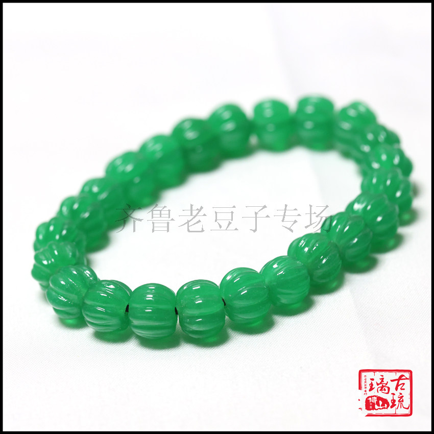 博山手工老琉璃珠子·10毫米半透玉质感祖母绿碧玉色灯笼型南瓜珠图片
