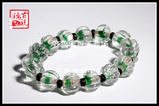 博山老琉璃珠子12mm碧玺绿水晶套料琉璃瓜纹珠灯笼珠瓜棱珠子