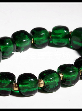 老琉璃珠子11mml绿碧玺 宝石绿色正方体国珠 老琉璃方块珠子 散珠