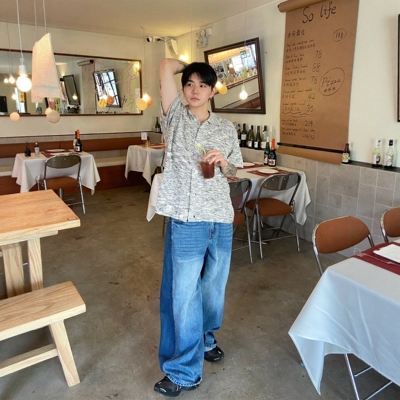 Cleanfit撞色拼接牛仔裤渐变阔腿