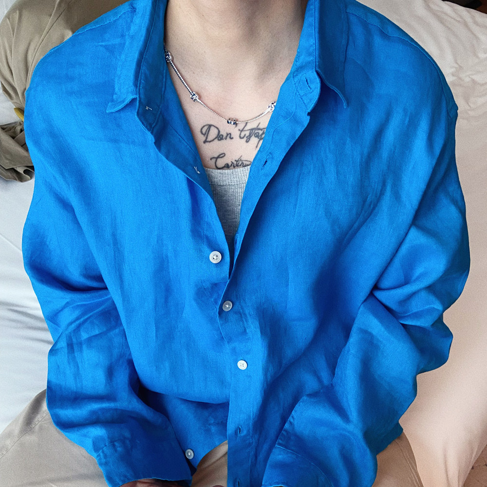 INTENSE 春夏100%亚麻衬衫钻石蓝松弛感阔版麻料衬衣纯色高级感男