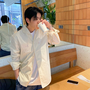 INTENSE 海滩领淡黄色细条纹衬衫小众设计慵懒随性穿搭衬衣男士