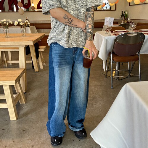 Cleanfit撞色拼接牛仔裤渐变阔腿