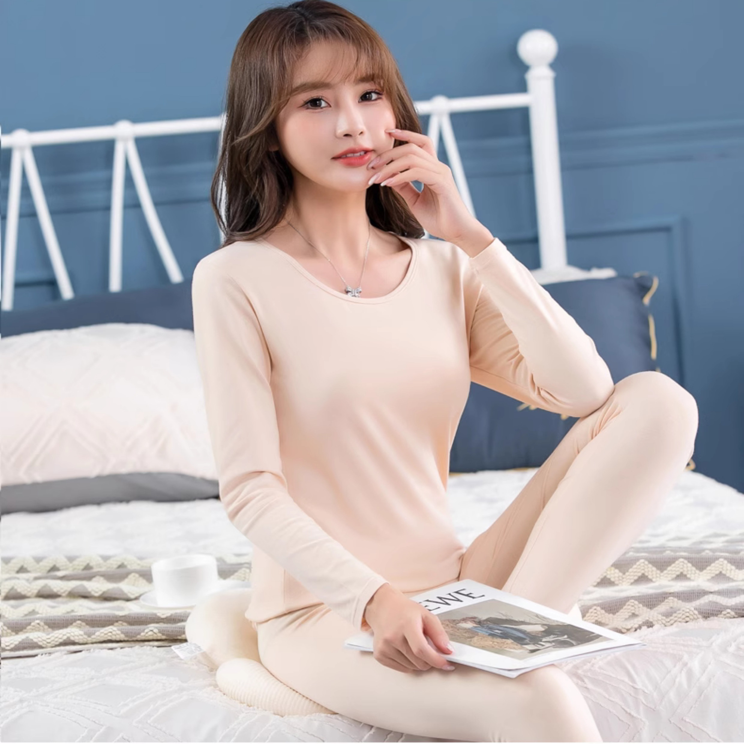 潘美格女士薄款纯棉打底内衣棉毛衫套装圆领基础保暖美体秋衣秋裤