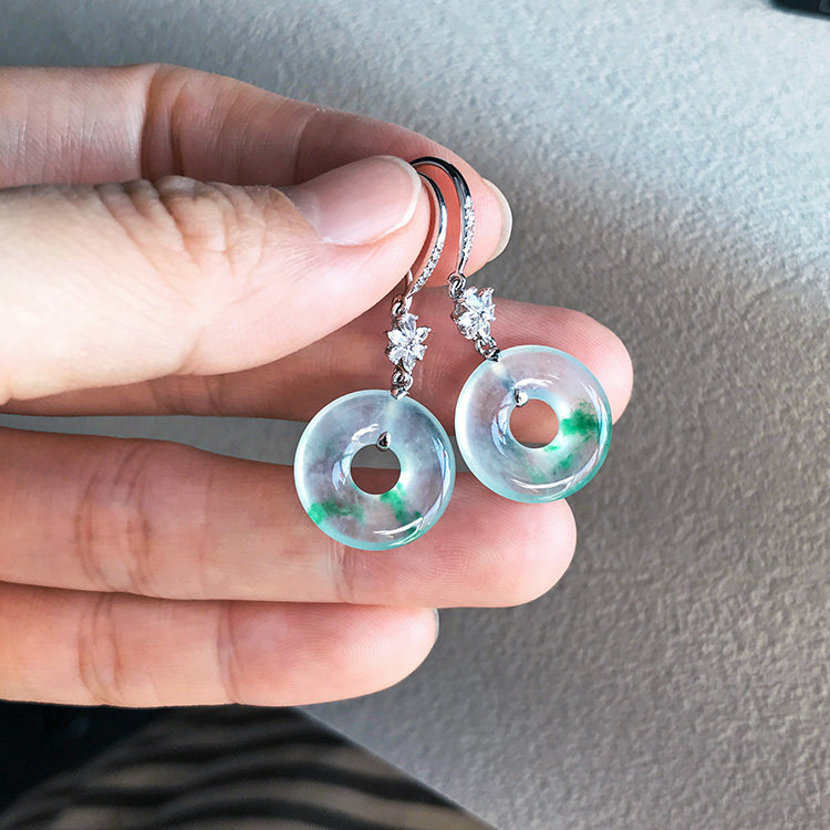 15mm缅甸天然老坑A货翡翠甜甜圈耳钩耳环冰种飘阳绿起光18k带证书