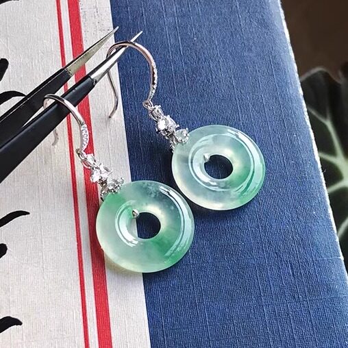 17mm缅甸老坑A货翡翠甜甜圈耳钩小平安扣耳环耳坠冰种飘阳绿18k金