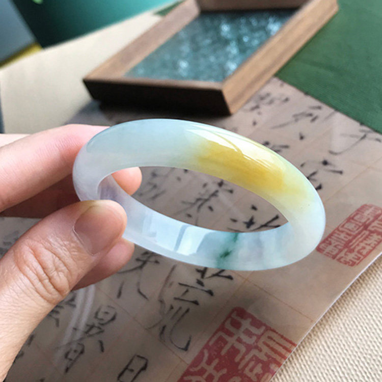 一物一图翡翠手镯冰种黄翡贵妃手镯起光证书缅甸天然老坑a货55 53