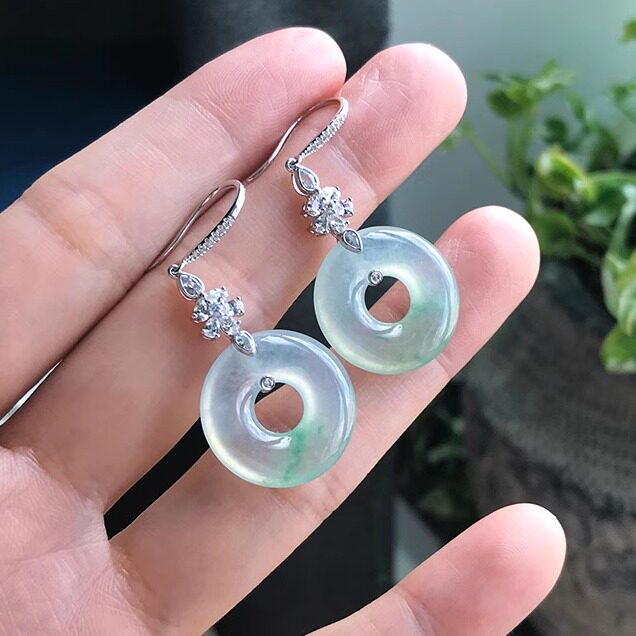 19mm 缅甸天然老坑A货翡翠甜甜圈冰种飘绿花平安扣耳环18k金镶嵌