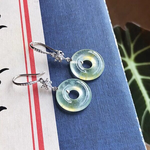 16mm 缅甸天然老坑A货翡翠甜甜圈耳钩冰种黄翡高冰耳环18k金镶嵌