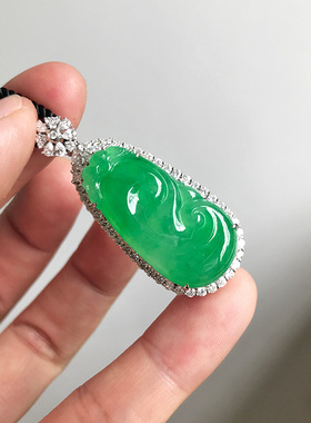 缅甸料自然光实拍天然A货翡翠如意阳绿满绿色翠绿18k金豪镶带证书