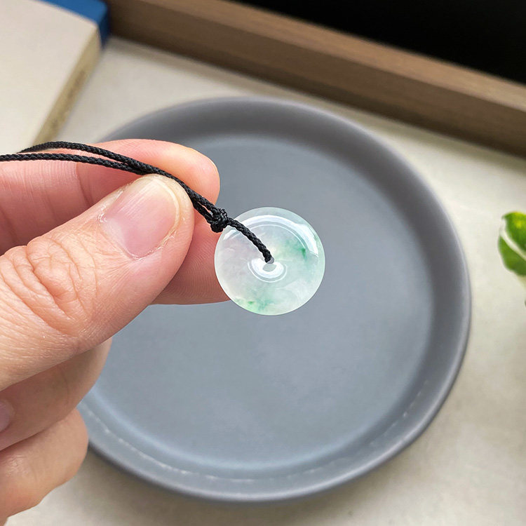 17mm缅甸料天然A货翡翠平安扣冰种飘绿花小扣子裸石起光通透证书