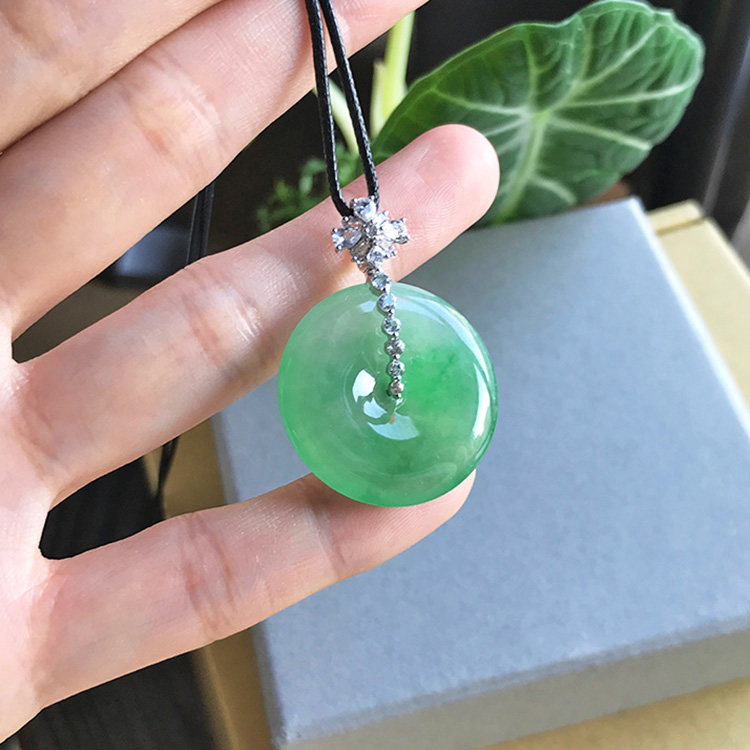 27mm缅甸料 老坑A货翡翠平安扣冰绿底飘阳绿满绿色18k金镶嵌证书