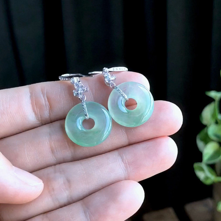 一物一图缅甸天然老坑A货翡翠甜甜圈耳钩冰种晴水平安扣耳环18k金