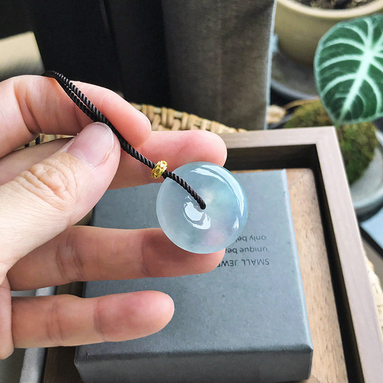 25mm缅甸料天然A货翡翠平安扣冰种浅紫色冰蓝紫飘花通透裸石证书