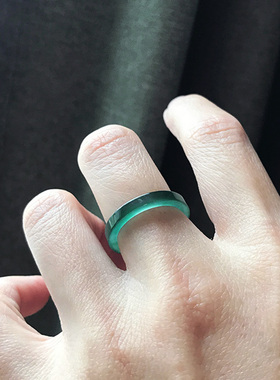 一物一拍自然光A货天然危料翡翠戒指环方条高冰种蓝水深绿色证书