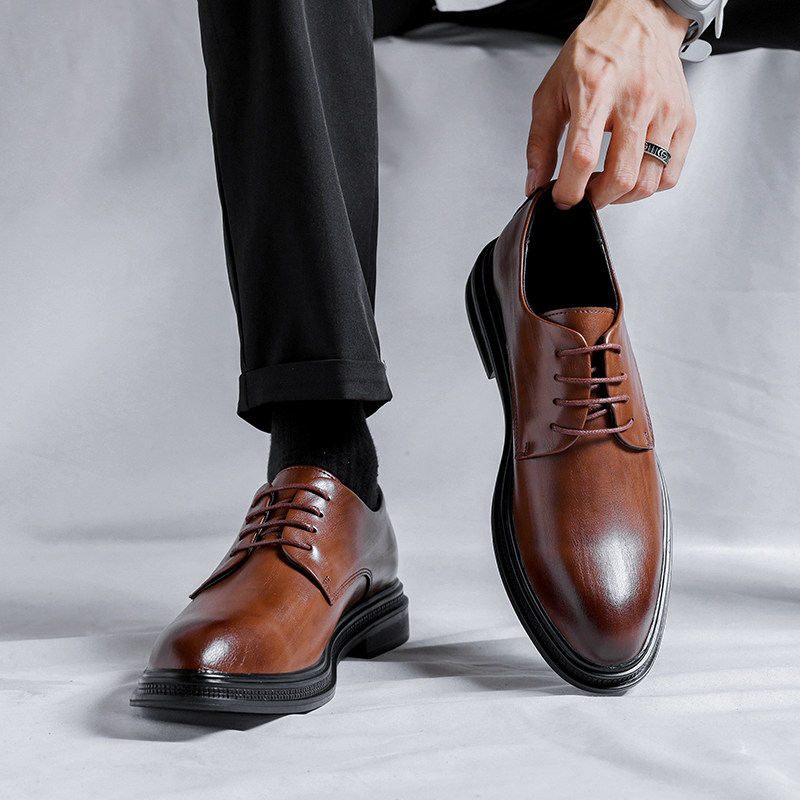 GRAY LEATHER SHOES MENS BUSINESS FORMAL WEAR HIGH-END WEDDING GROOM SHOES BRITISH CASUAL PLUS SIZE SPRING HEIGHT MENS SHOES