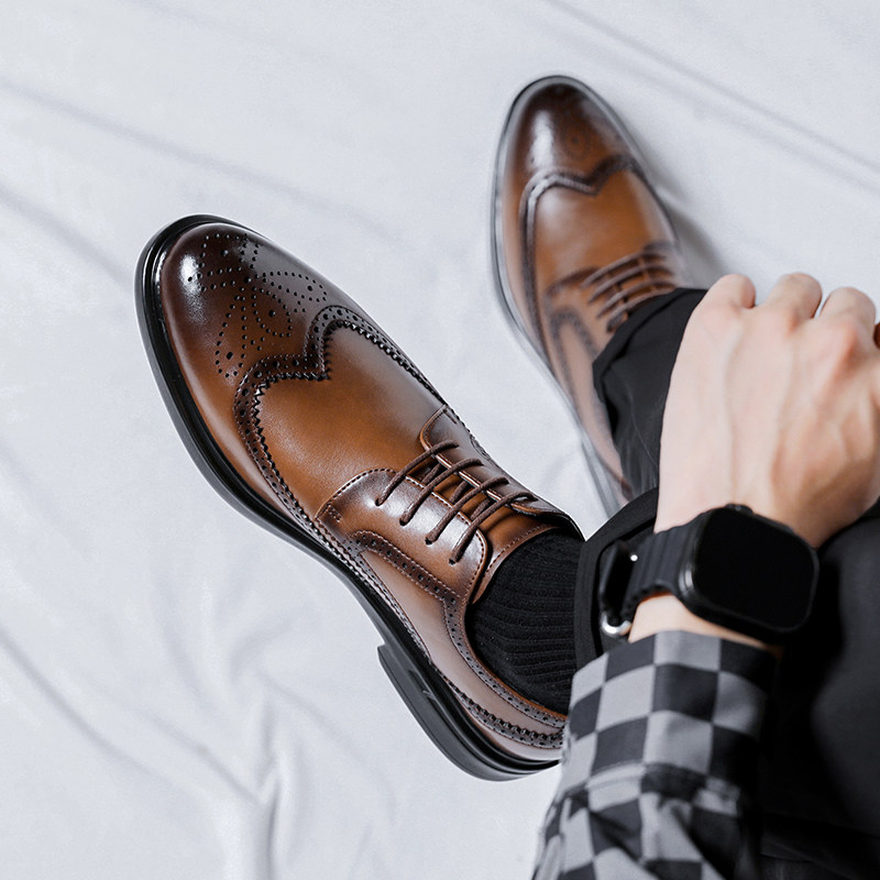 BROGUE LEATHER SHOES MENS LEATHER BROWN BUSINESS FORMAL WEAR BRITISH CASUAL WEDDING GROOM SHOES INSIDE INCREASE DERBY MENS SHOES