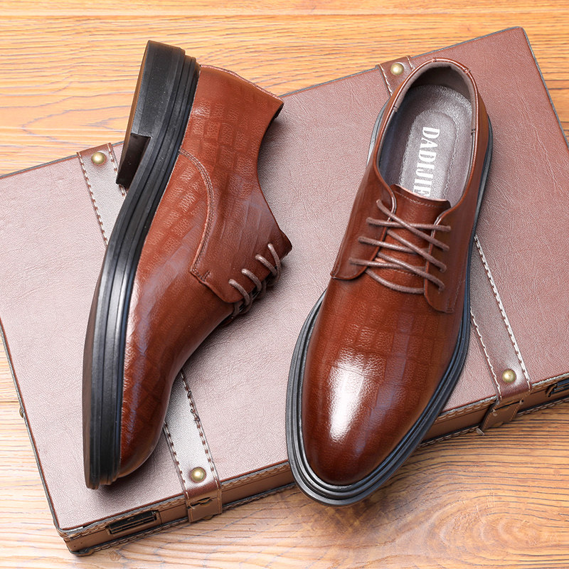 LEATHER SHOES MENS BUSINESS FORMAL WEAR BRITISH CASUAL SHOES LEATHER BLACK WEDDING WEDDING GROOM SHOES YOUTH INNER HEIGHTENED MENS SHOES