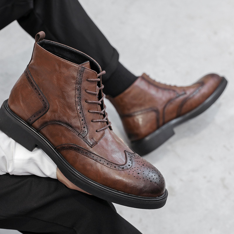 MARTIN BOOTS MENS LEATHER BREXIT BROGUE BOOTS CHELSEA BOOTS HIGH TOP BUSINESS DRESS SHOES VINTAGE BOOTIES