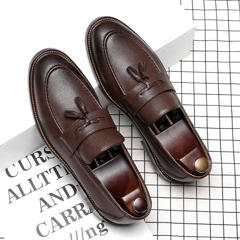 thumbnail for Fringed loafers men's British soft leather beanie shoes casual business formal wear men's leather shoes overfoot shoes