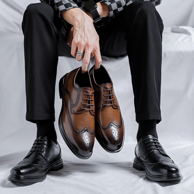 BROGUE LEATHER SHOES MENS LEATHER BROWN BUSINESS FORMAL WEAR BRITISH CASUAL WEDDING GROOM SHOES INSIDE INCREASE DERBY MENS SHOES