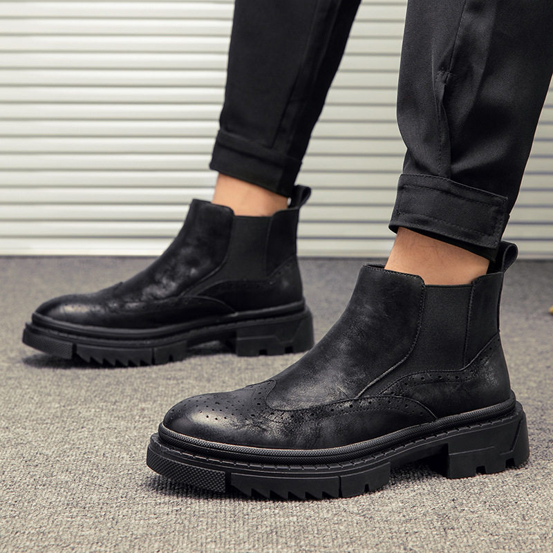 MARTIN BOOTS MENS LEATHER BRITISH STYLE CHELSEA BOOTS WINTER PILE TREND PLATFORM SOLES VINTAGE BROGUE HIGH-TOP MENS SHOES