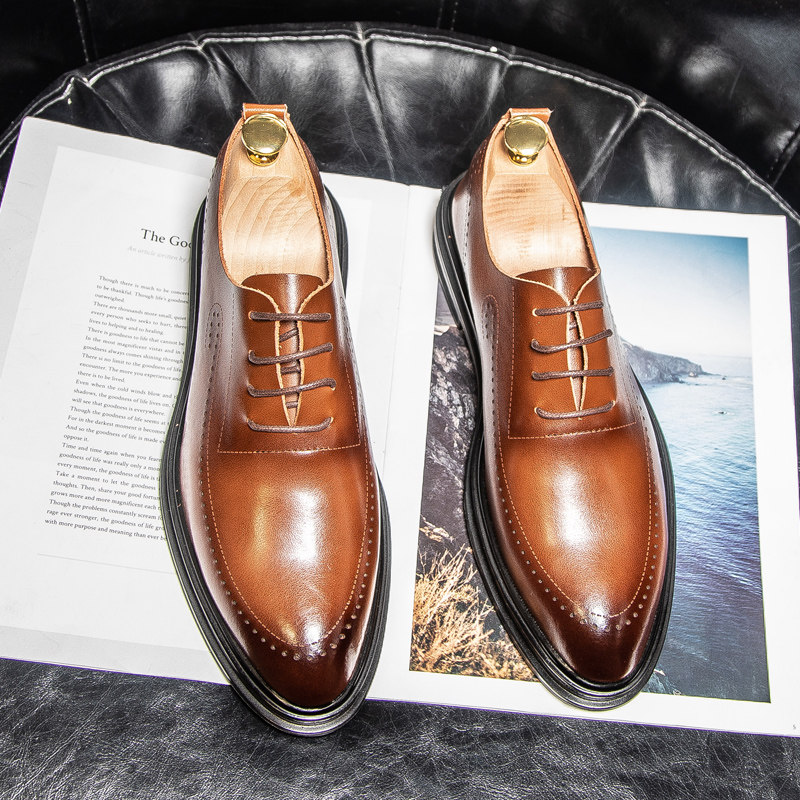 LEATHER SHOES MENS GENUINE LEATHER BUSINESS FORMAL WEAR SOFT LEATHER BROWN CASUAL WEDDING GROOM SHOES BRITISH FOOT WIDE SUMMER BREATHABLE MENS SHOES