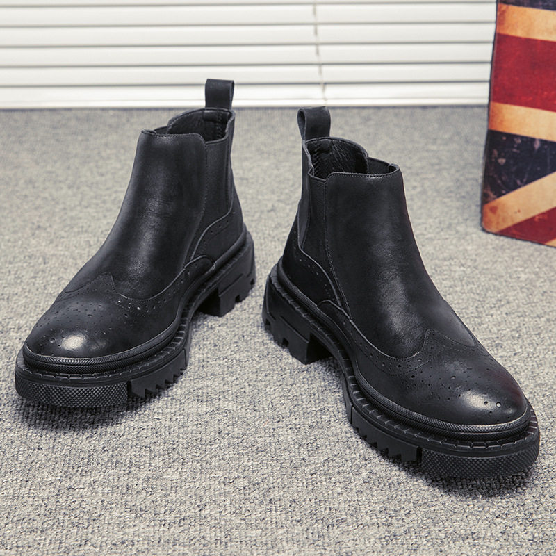 MARTIN BOOTS MENS LEATHER BRITISH STYLE CHELSEA BOOTS WINTER PILE TREND PLATFORM SOLES VINTAGE BROGUE HIGH-TOP MENS SHOES
