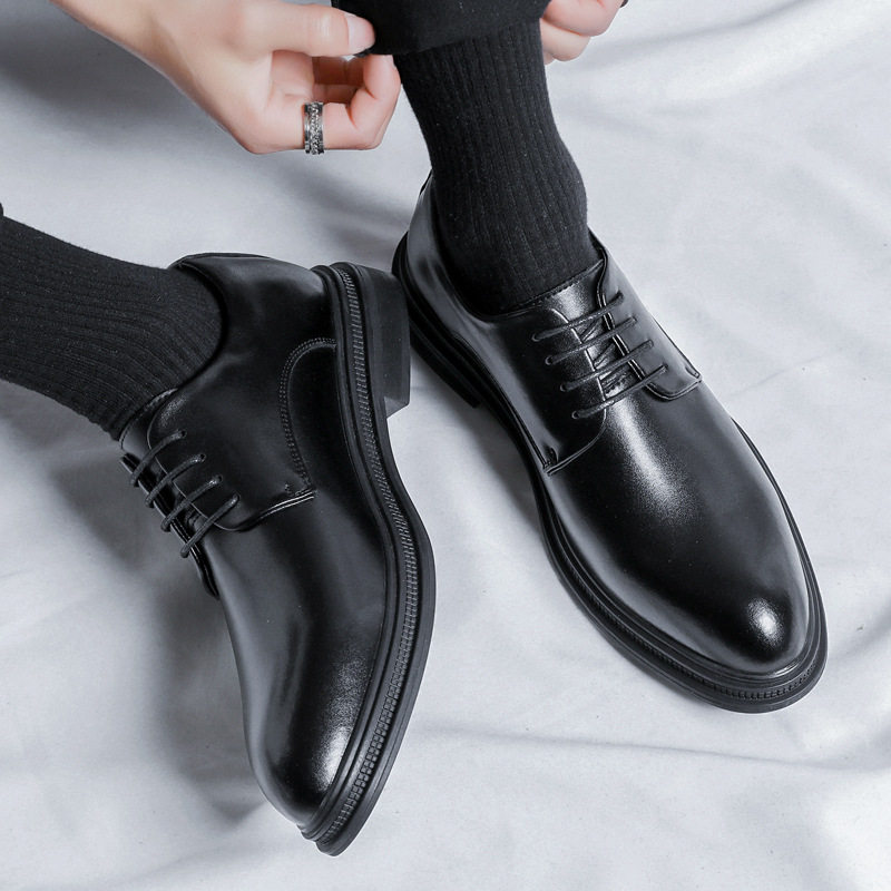 BLACK LEATHER SHOES MENS LEATHER BUSINESS FORMAL WEAR WEDDING GROOM SHOES BRITISH CASUAL LUXURY SENSE PLUS SIZE HEIGHTENED MENS SHOES