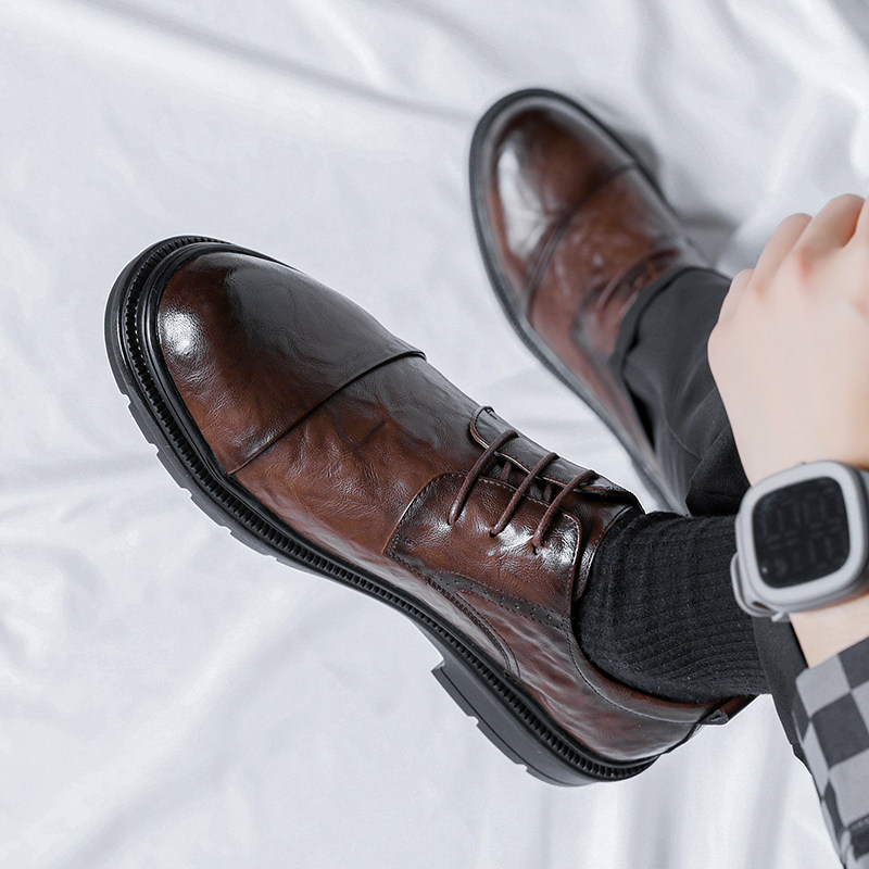 BIG SCALP SHOES MENS LEATHER BUSINESS FORMAL WEAR COMMUTER DERBY ROUND TOE CASUAL FEET WIDE WEDDING GROOM SHOES INCREASE HEIGHT MENS SHOES