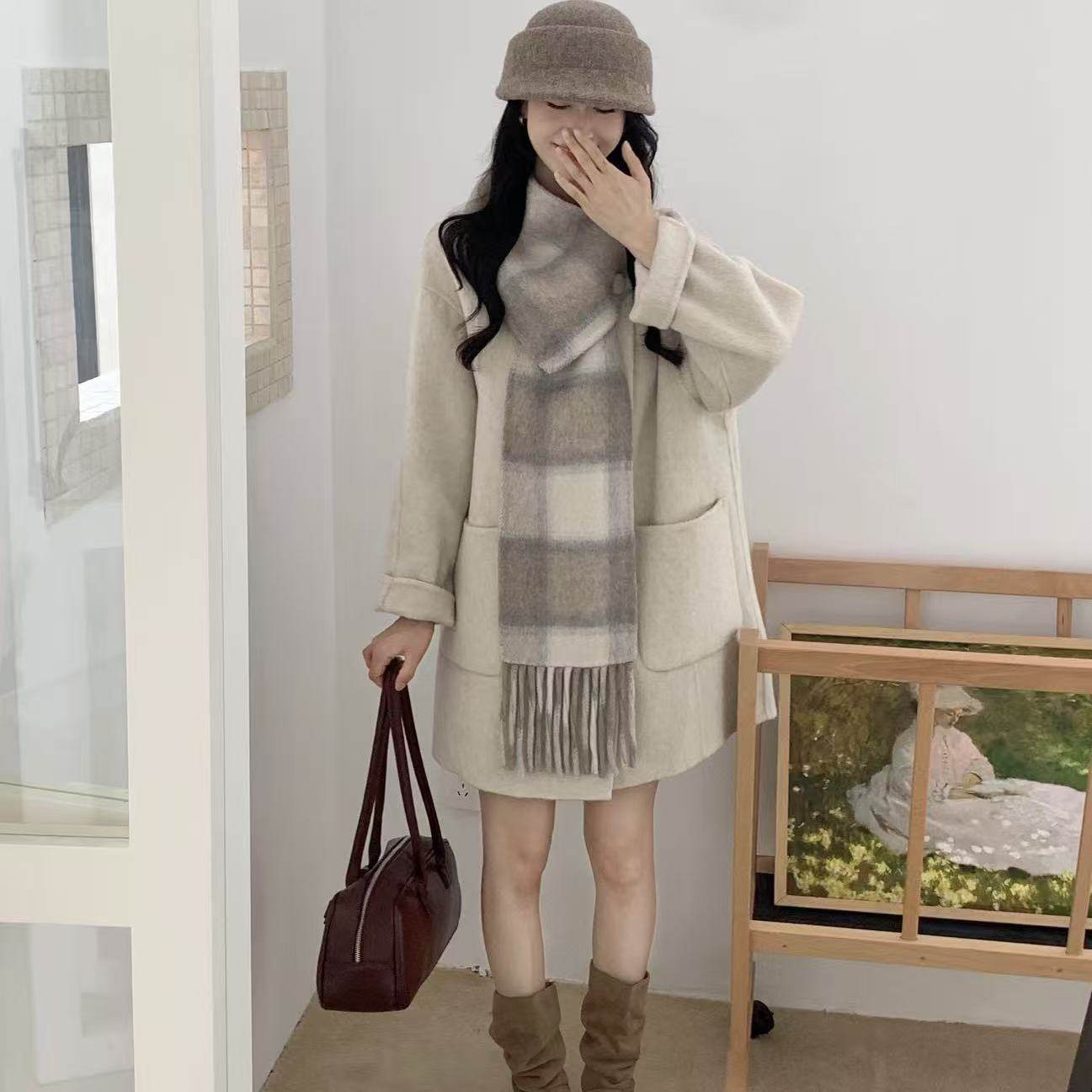 中长款格子围巾双面羊毛大衣