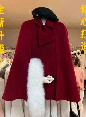 100羊毛全新升级双面羊毛大衣高级红色小香风富家千金斗篷外套女