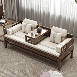 新中式实木沙发榆木罗汉床茶桌椅组合小户型客厅桌椅两用推拉床榻