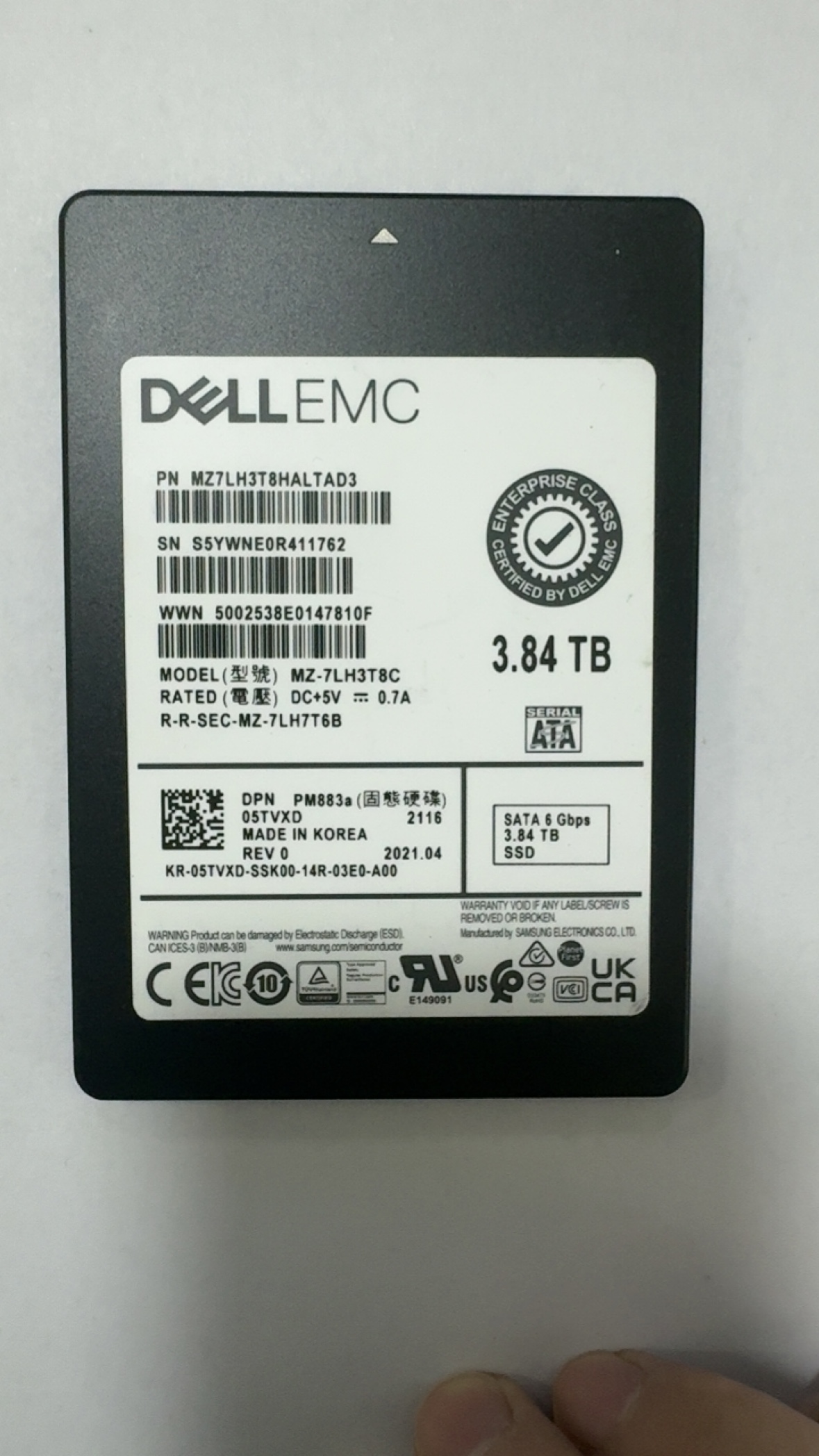 Dell/戴尔 3.84TB MZ-7LH3T8C PM883a 05TVXD 原装拆机