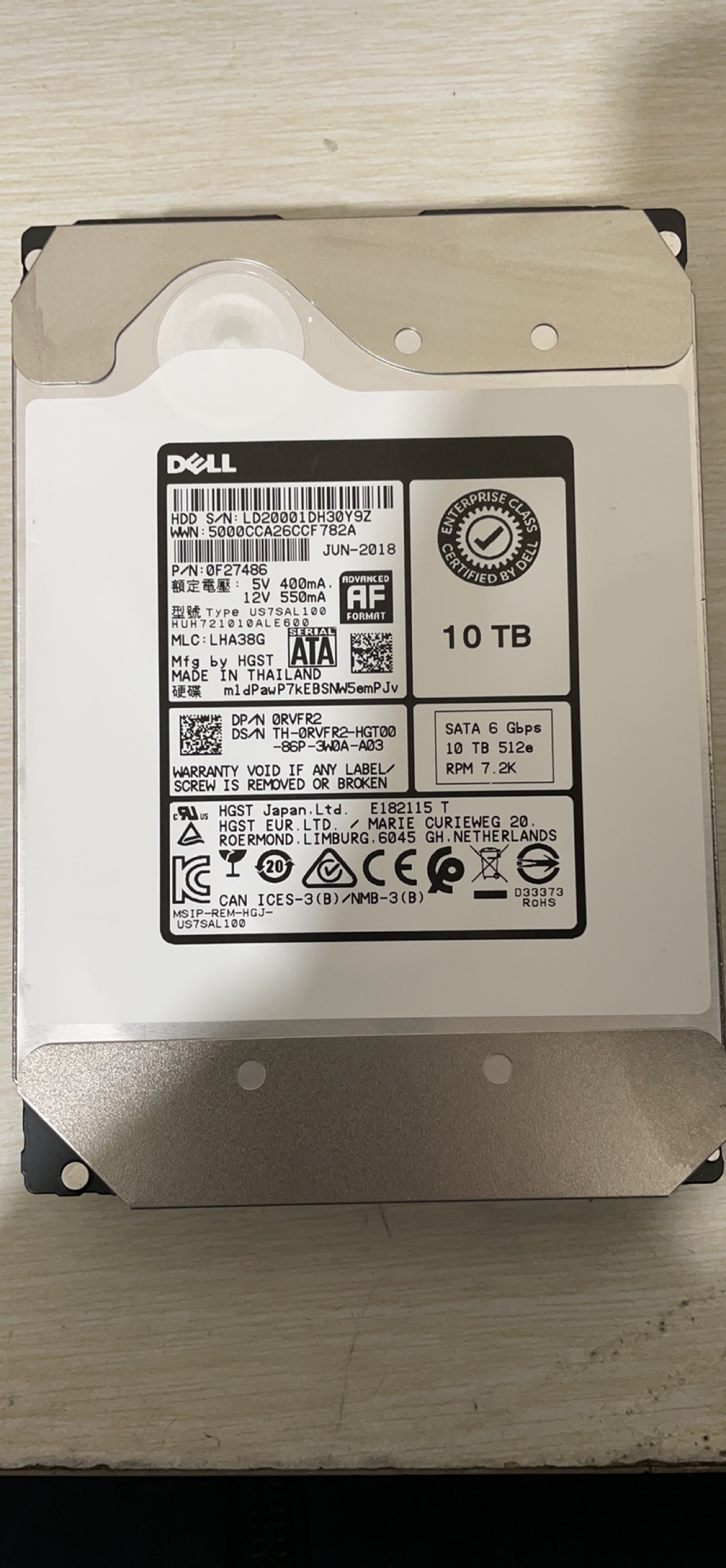 DELL RVFR2 0RVFR2 10T SATA 3.5 7.2K 6GB HUH721010ALE600硬盘