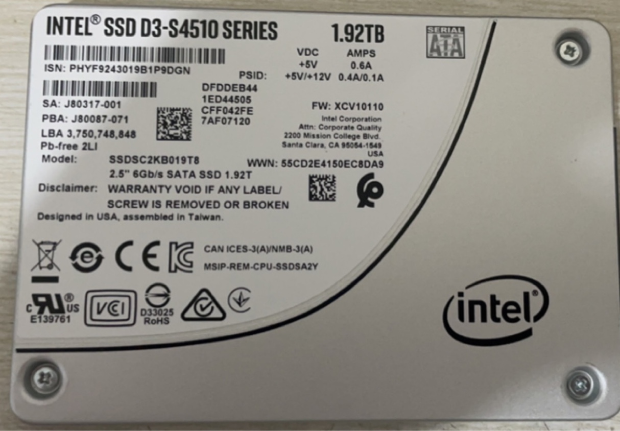 INTEL 英特尔 S4510 1.92T SSDSC2KB019T8  FW XCV10110