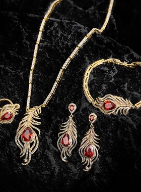 古宫廷风羽毛吊坠时尚项链 925银针个性夸张耳环网红优雅戒指手链