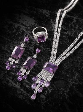 高级感紫色项链耳环戒指三件套