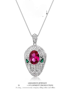 S925通体银玫红色钻石蛇头吊坠